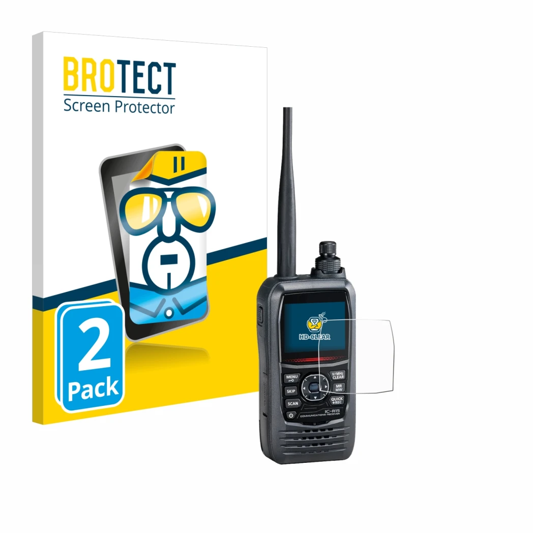 Front side of a product packaging with the brand logo BROTECT. Next to it is the device Icom IC-R15 shown with the correspondi