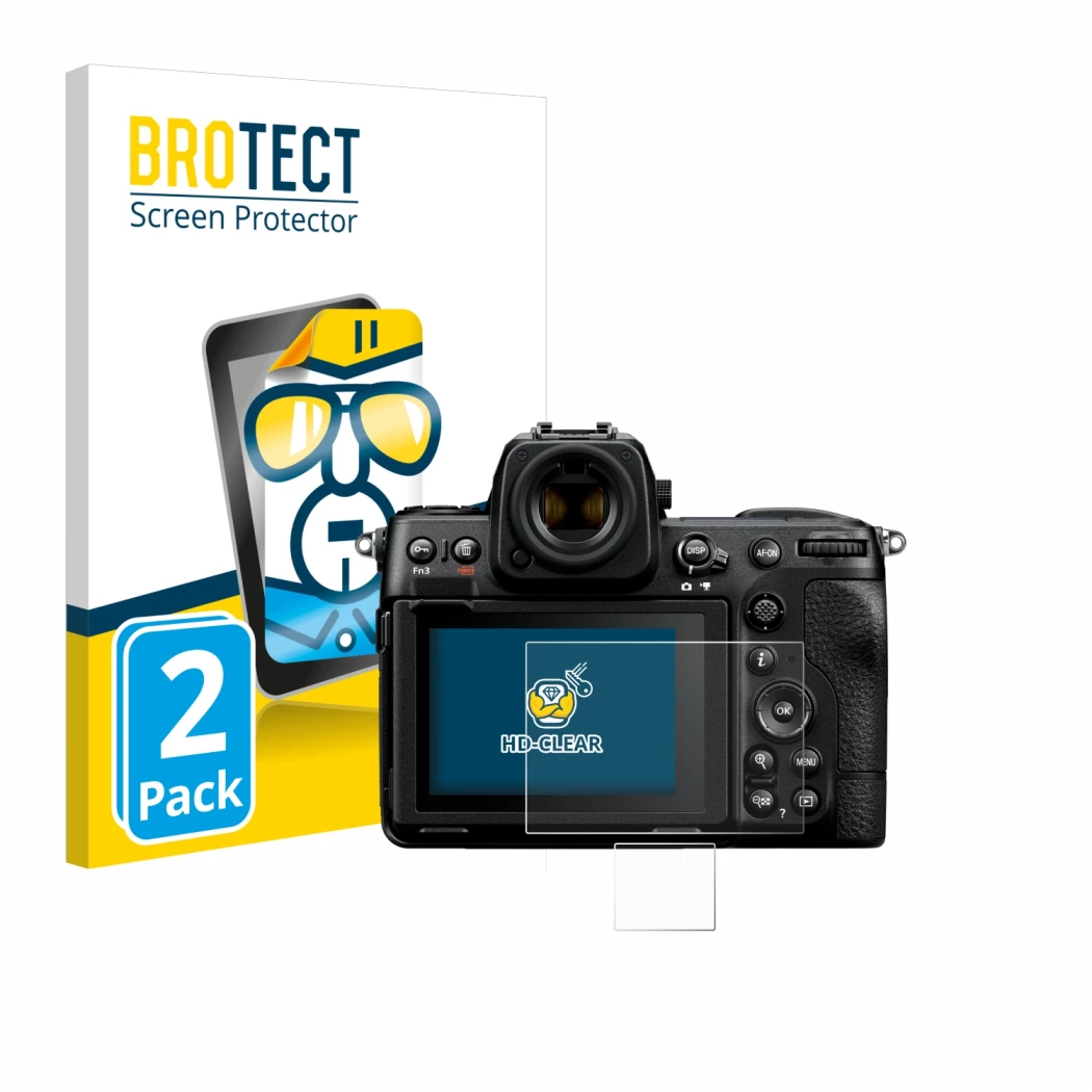 Front side of a product packaging with the brand logo BROTECT. Next to it is the device Nikon Z 8 (Display + top plate display