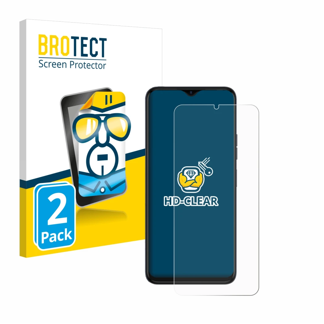 Front side of a product packaging with the brand logo BROTECT. Next to it is the device Tecno Spark 10 5G shown with the corre