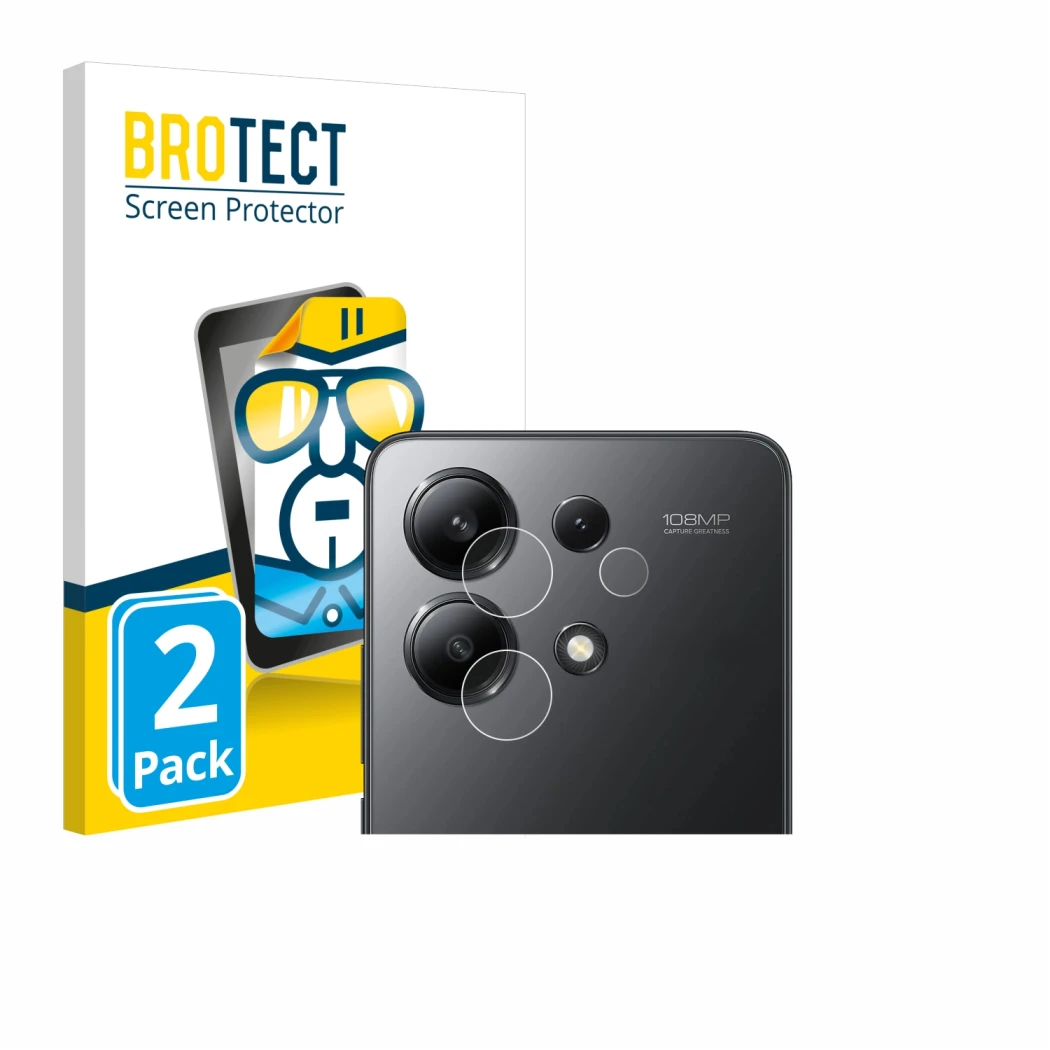 Front side of a product packaging with the brand logo BROTECT. Next to it is the device Xiaomi Redmi Note 13 (ONLY Camera Lens