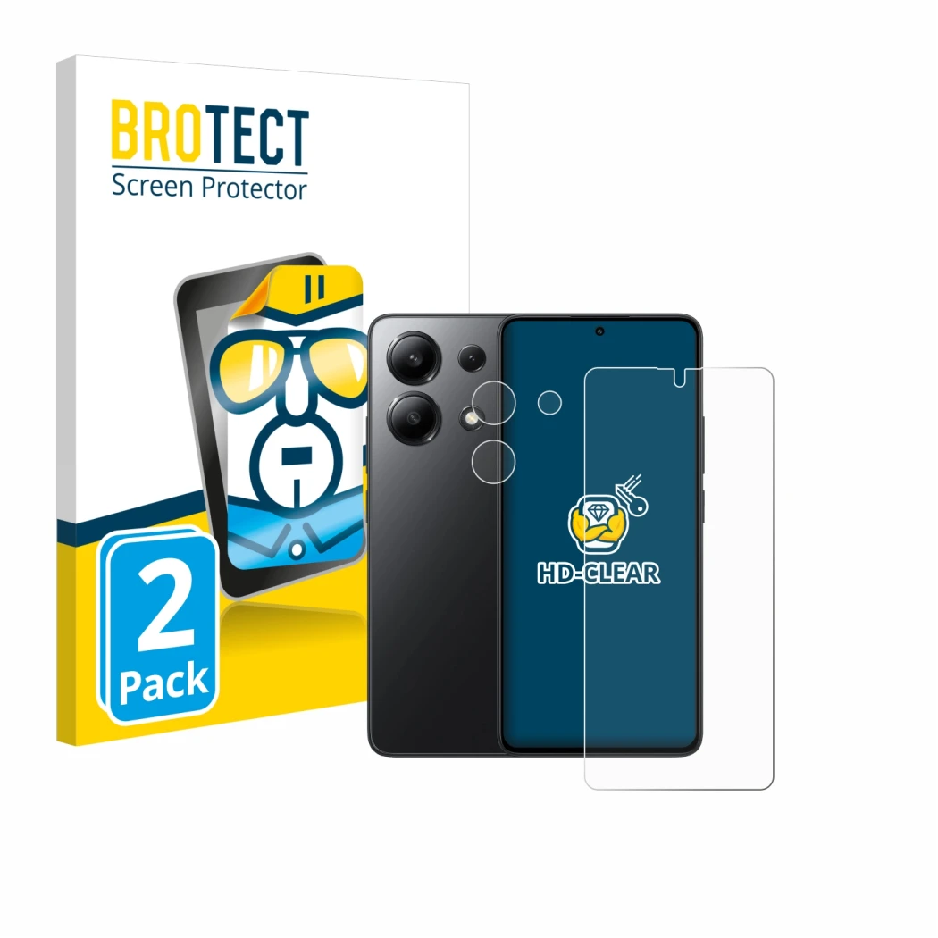 Front side of a product packaging with the brand logo BROTECT. Next to it is the device Xiaomi Redmi Note 13 5G (Front+Camera)