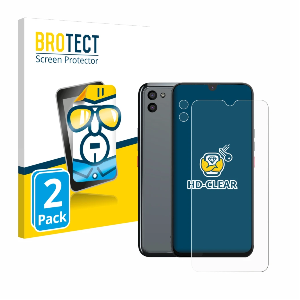 Front side of a product packaging with the brand logo BROTECT. Next to it is the device Gigaset GS5 PRO SE (Front+Camera) show
