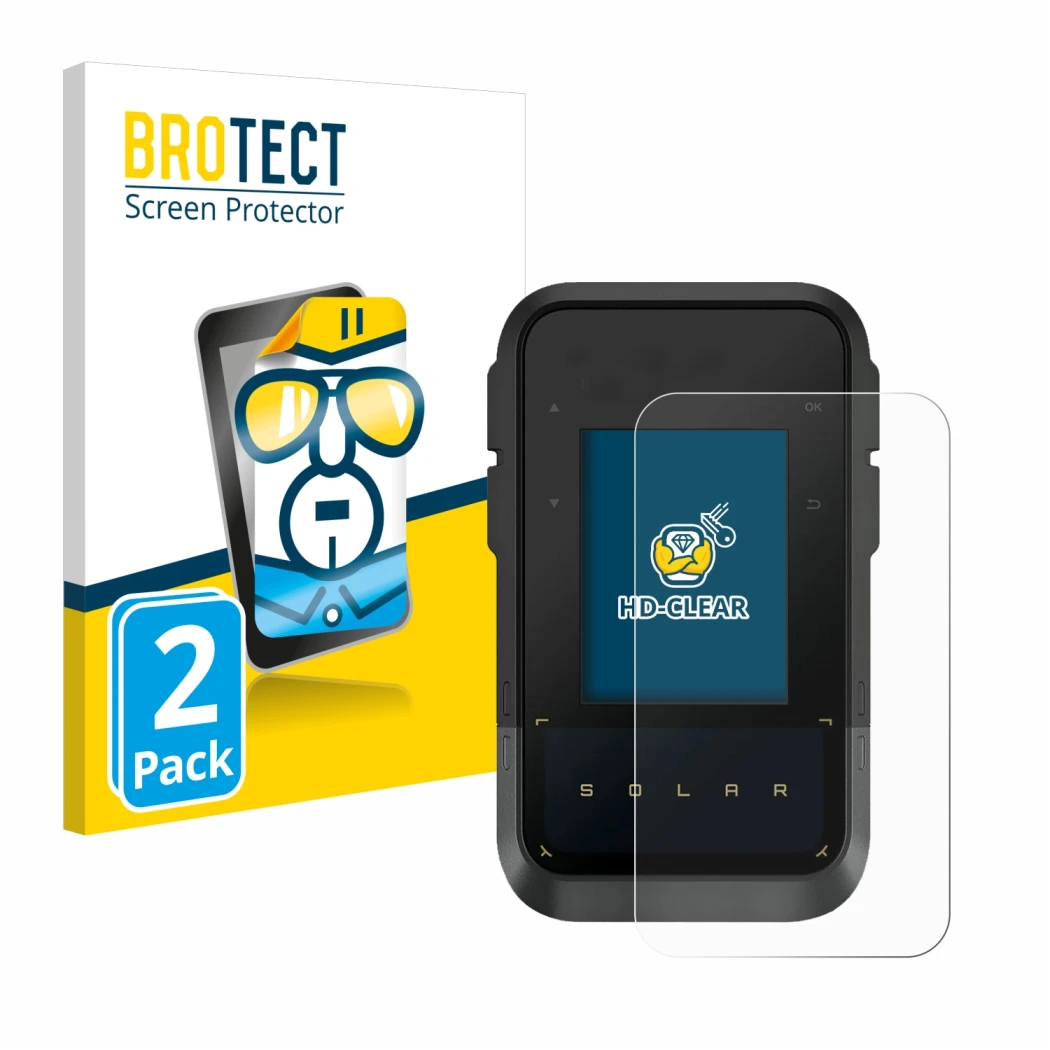 Front side of a product packaging with the brand logo BROTECT. Next to it is the device Garmin eTrex Solar shown with the corr