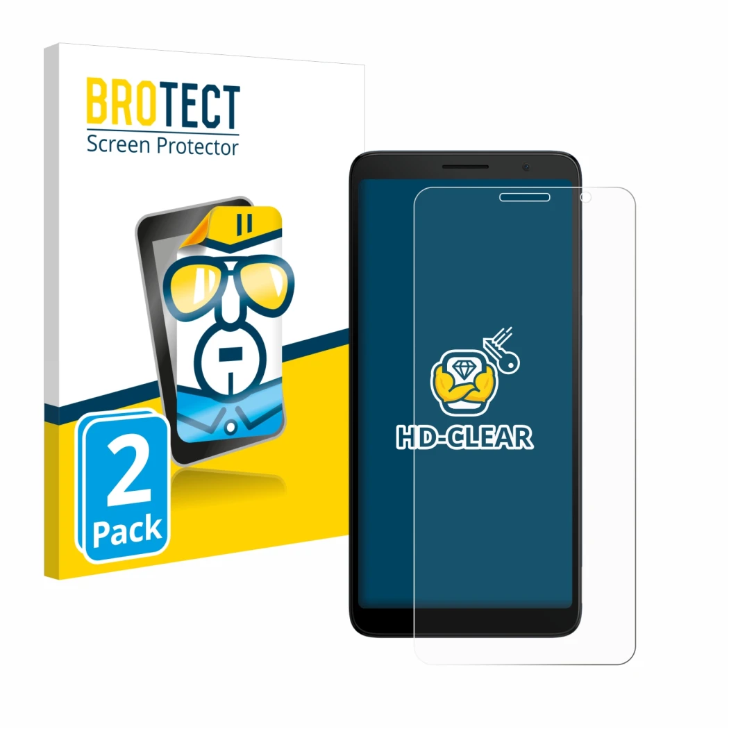 Front side of a product packaging with the brand logo BROTECT. Next to it is the device TCL 501 shown with the corresponding s