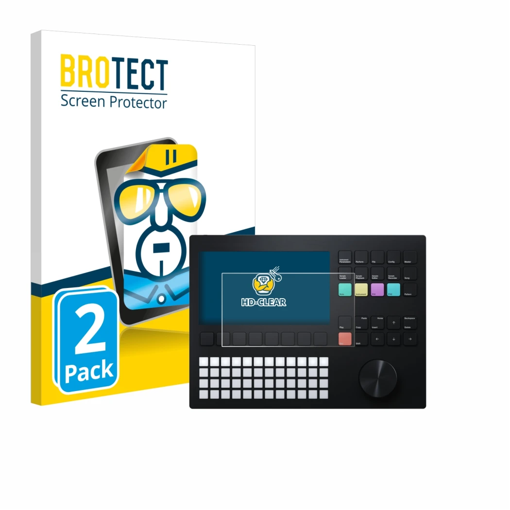 Front side of a product packaging with the brand logo BROTECT. Next to it is the device Polyend Tracker shown with the corresp