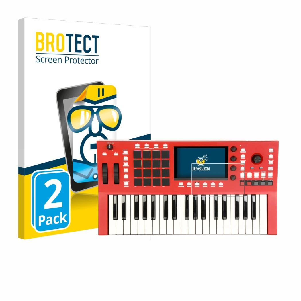 Front side of a product packaging with the brand logo BROTECT. Next to it is the device Akai Professional MPC Key 37 shown wit