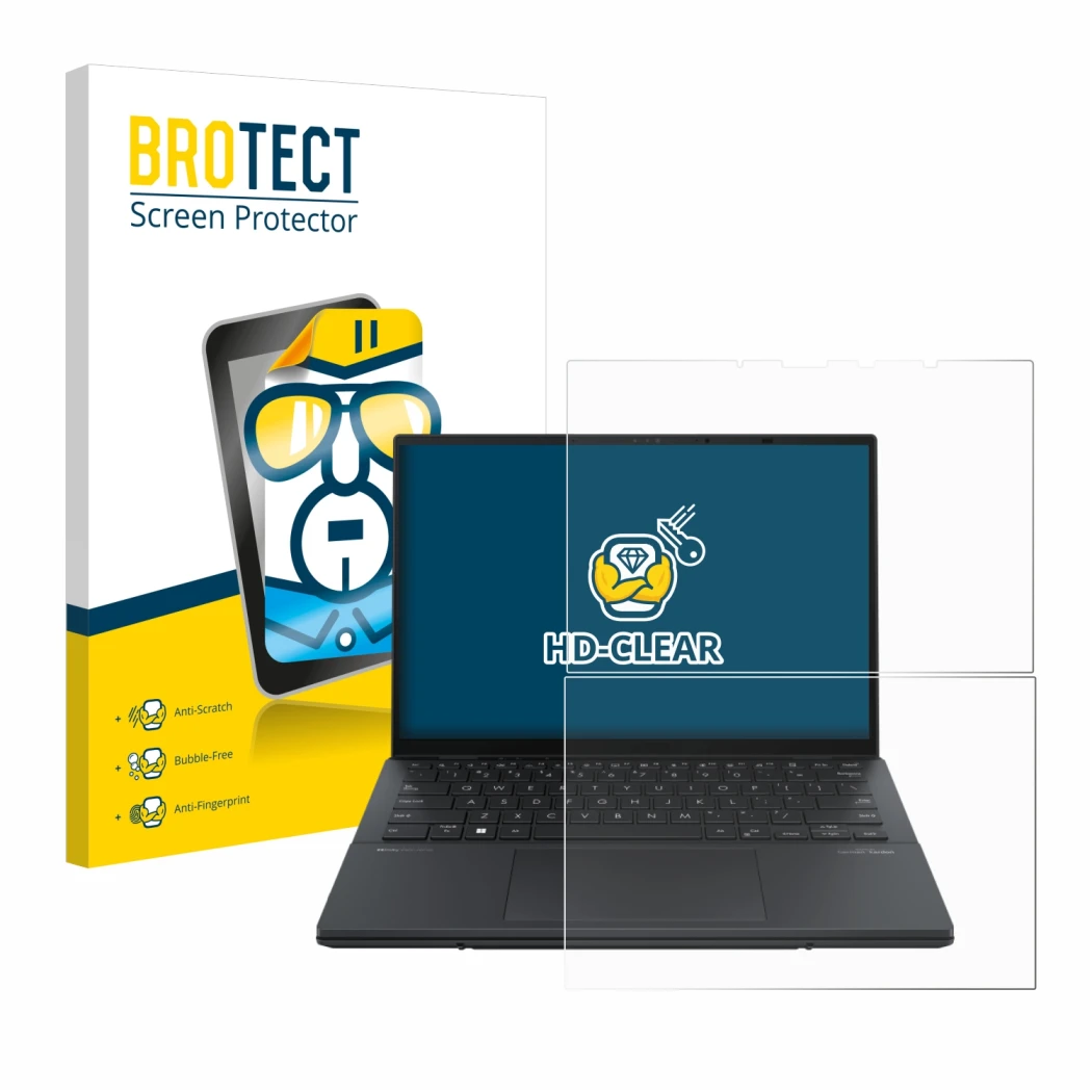 Front side of a product packaging with the brand logo BROTECT. Next to it is the device ASUS ZenBook Duo OLED 2024 UX8406 show