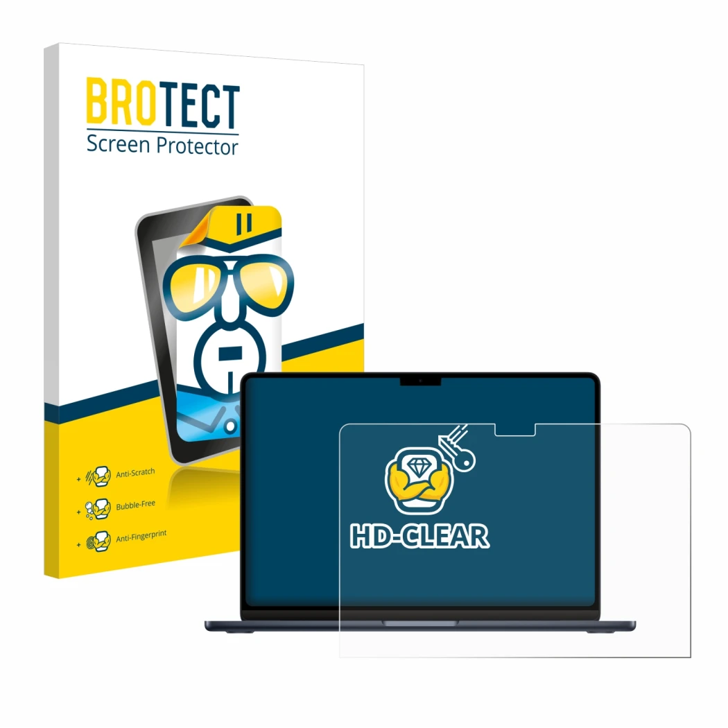 Front side of a product packaging with the brand logo BROTECT. Next to it is the device Apple MacBook Air 13