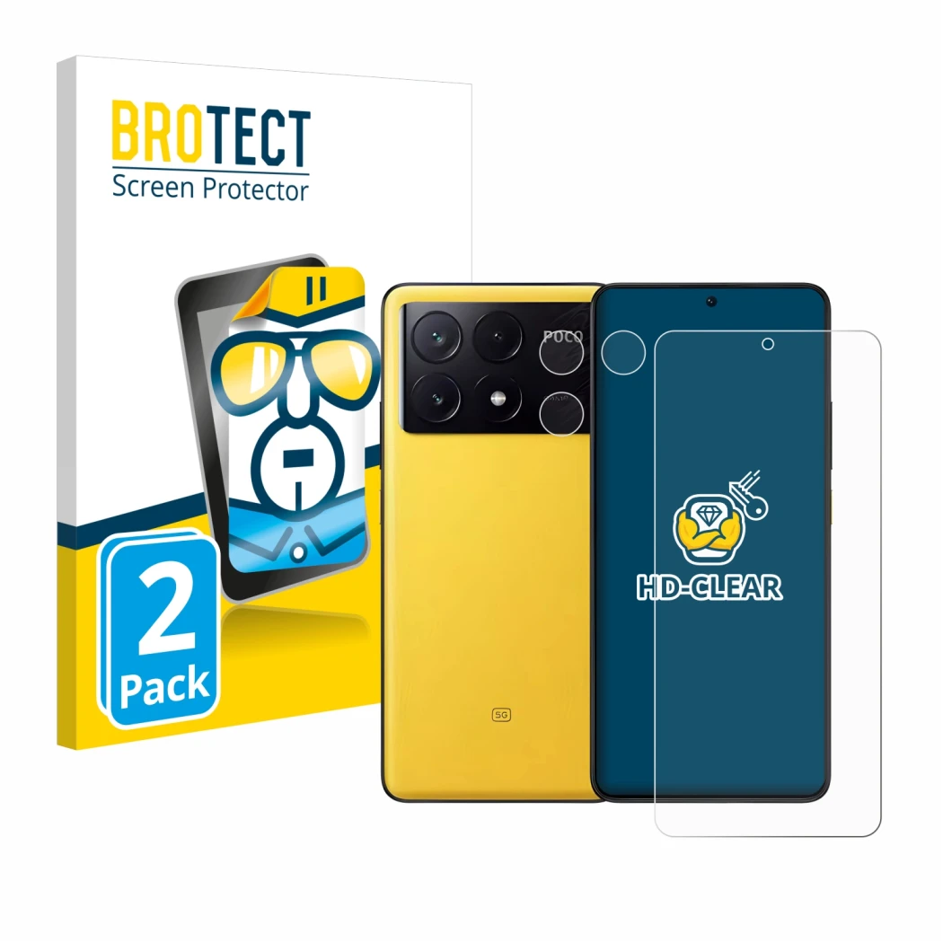 Front side of a product packaging with the brand logo BROTECT. Next to it is the device Xiaomi Poco X6 Pro (Front+Camera) show