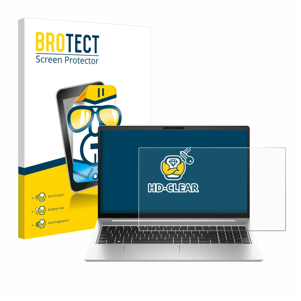 Front side of a product packaging with the brand logo BROTECT. Next to it is the device HP EliteBook 640 G10 shown with the co