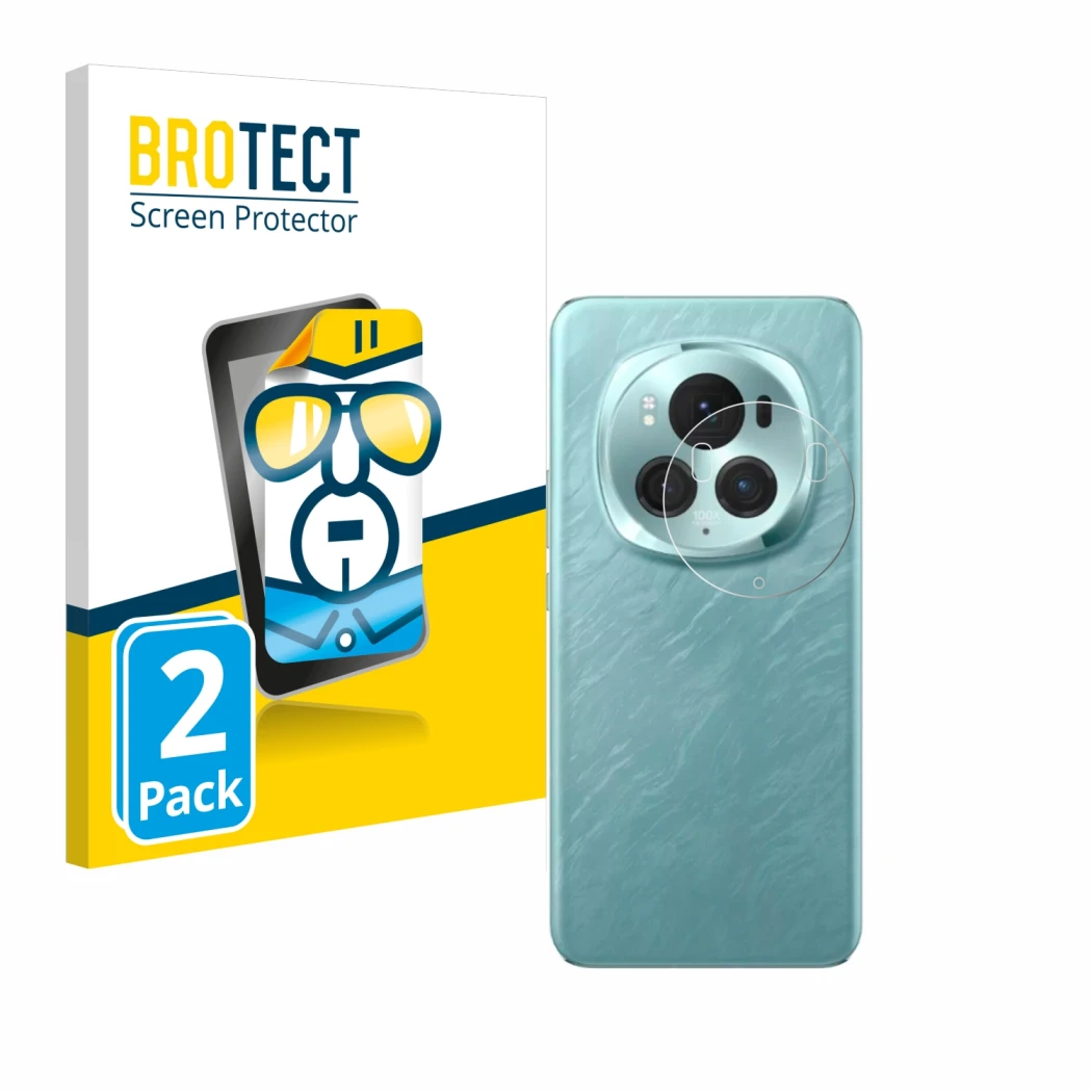 Front side of a product packaging with the brand logo BROTECT. Next to it is the device Honor Magic 6 Pro (ONLY Camera Lens) s