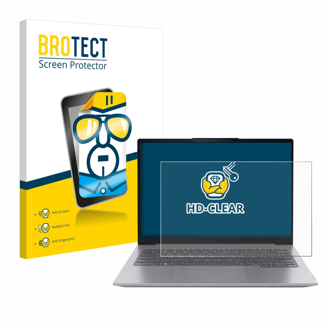 Front side of a product packaging with the brand logo BROTECT. Next to it is the device Lenovo ThinkBook 16 Gen 6 shown with t