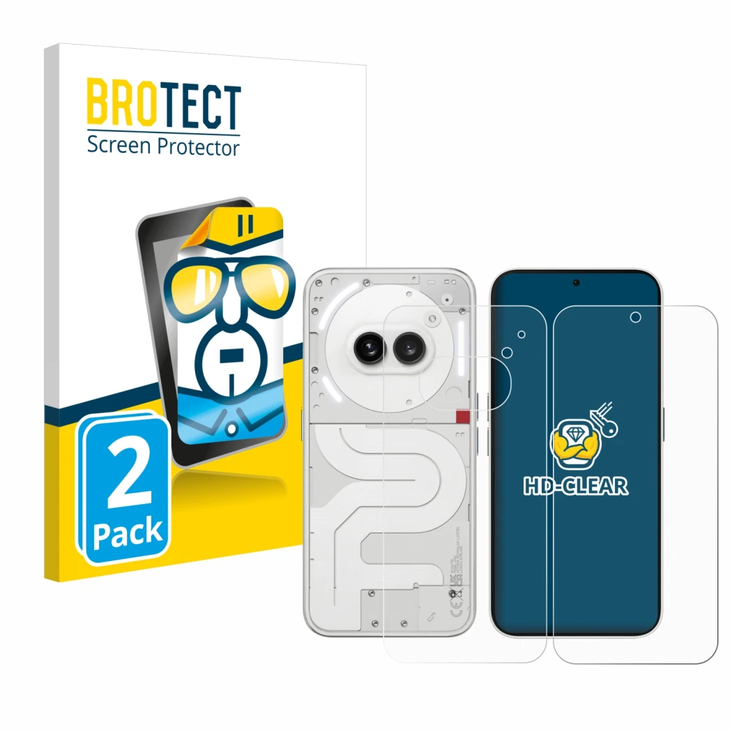 Front side of a product packaging with the brand logo BROTECT. Next to it is the device Nothing Phone (2a) (Front+Back) shown 
