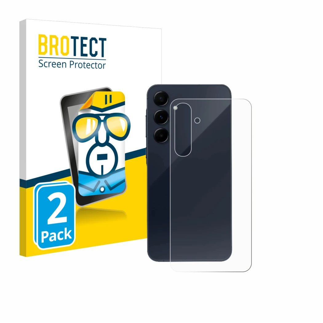 Front side of a product packaging with the brand logo BROTECT. Next to it is the device Samsung Galaxy A55 5G (Back) shown wit