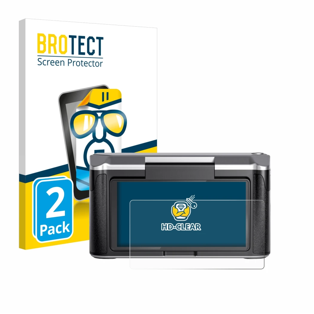 Front side of a product packaging with the brand logo BROTECT. Next to it is the device Revopoint Miraco shown with the corres