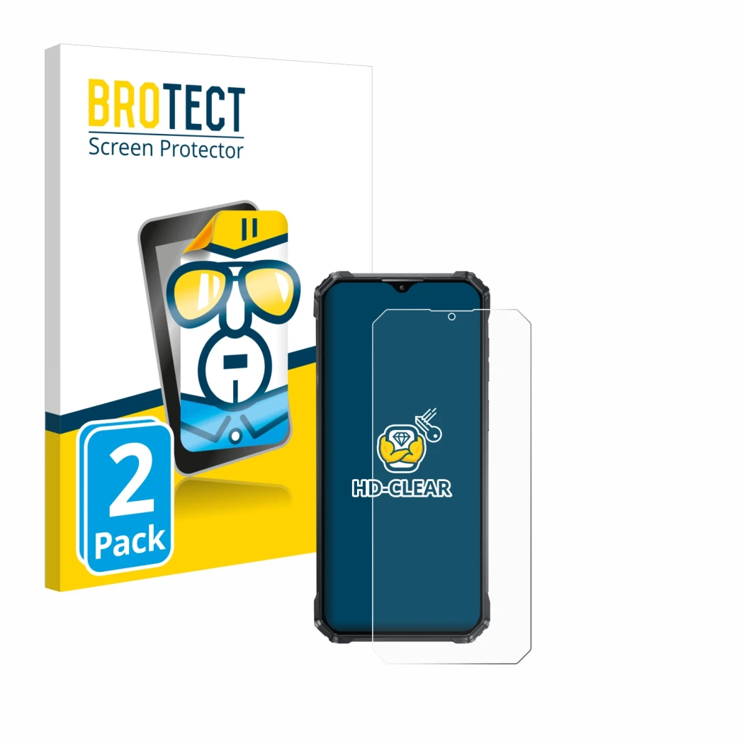 Front side of a product packaging with the brand logo BROTECT. Next to it is the device Oukitel WP36 shown with the correspond