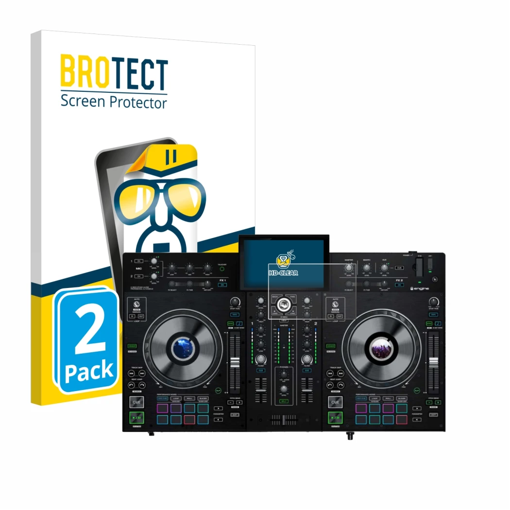 Front side of a product packaging with the brand logo BROTECT. Next to it is the device Denon DJ Prime 2 shown with the corres