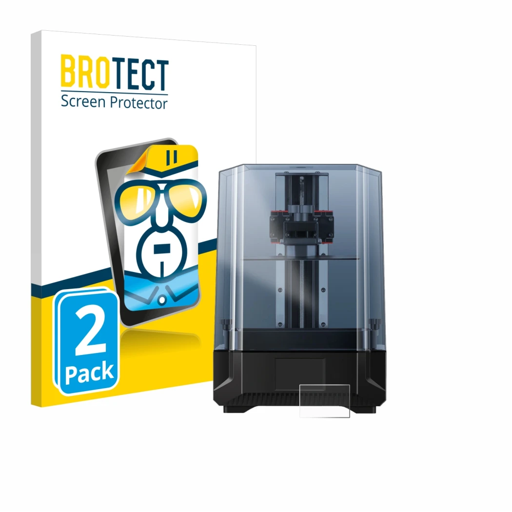 Front side of a product packaging with the brand logo BROTECT. Next to it is the device Anycubic Photon Mono X 6Ks shown with
