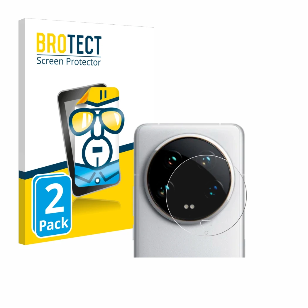 Front side of a product packaging with the brand logo BROTECT. Next to it is the device Xiaomi 14 Ultra (ONLY Camera Lens) sho