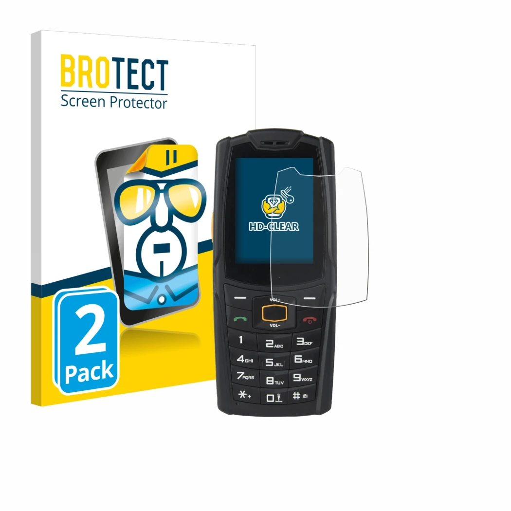 Front side of a product packaging with the brand logo BROTECT. Next to it is the device AGM M6 shown with the corresponding sc