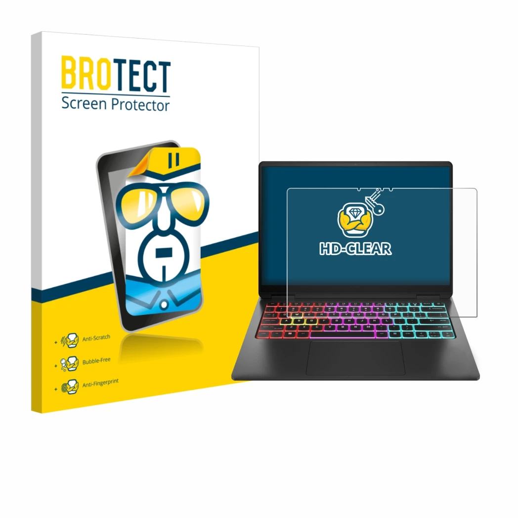 Front side of a product packaging with the brand logo BROTECT. Next to it is the device HP Omen Transcend 14 shown with the co