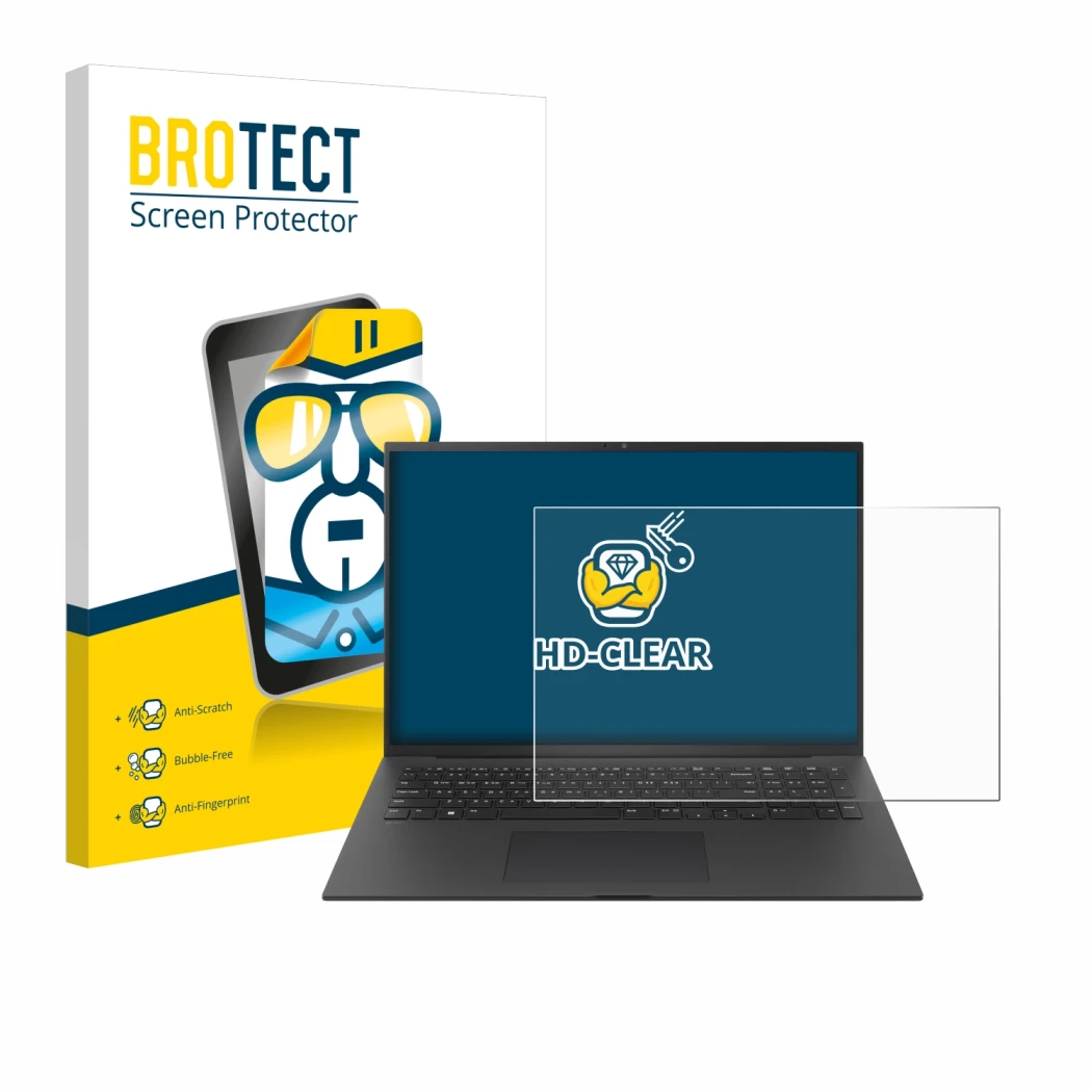 Front side of a product packaging with the brand logo BROTECT. Next to it is the device LG gram Pro 17 2024 shown with the cor