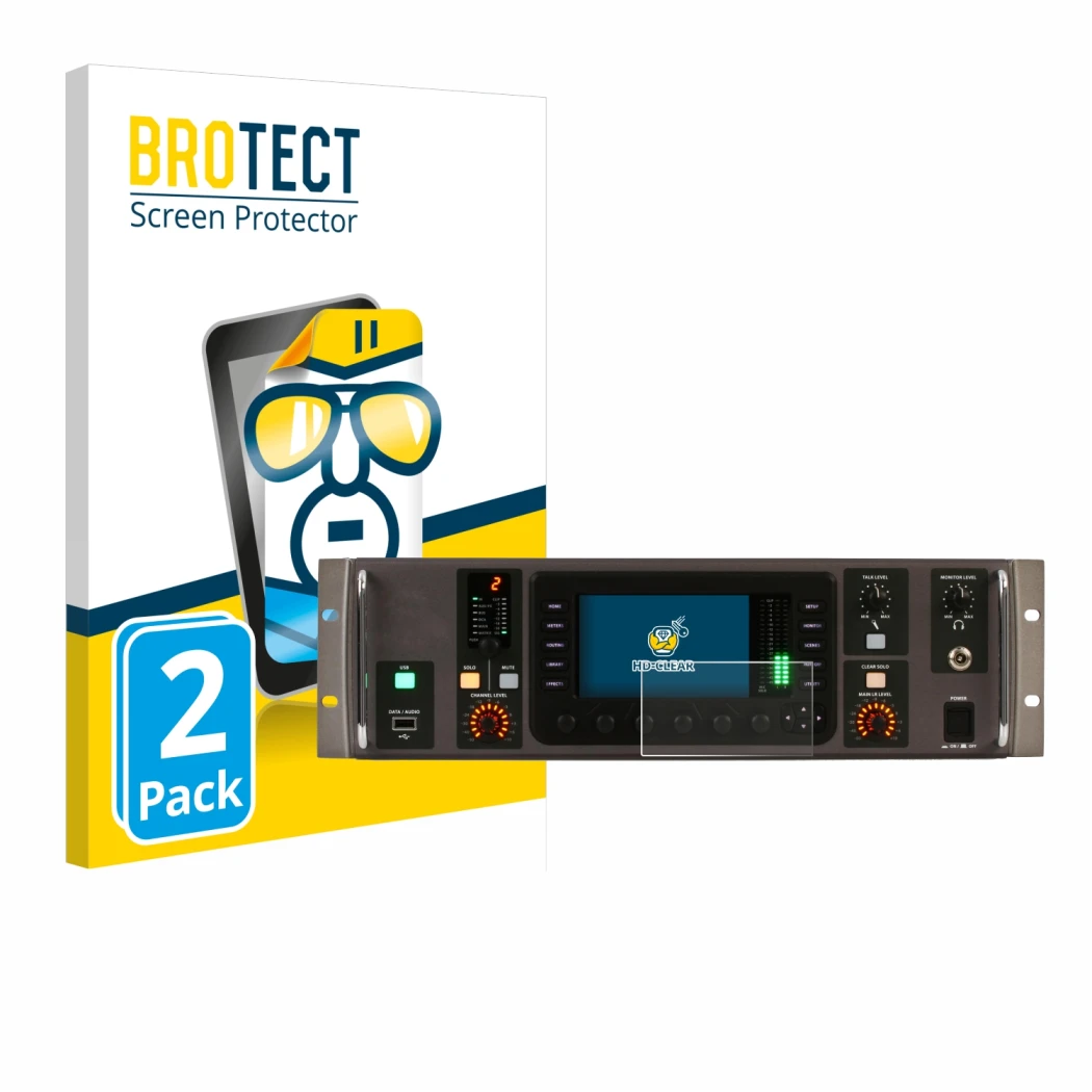 Front side of a product packaging with the brand logo BROTECT. Next to it is the device Behringer X32 Rack shown with the corr