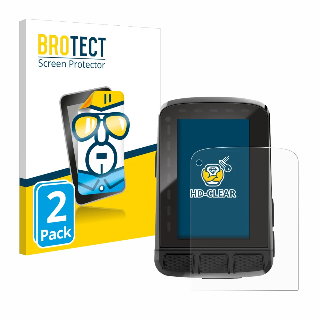 Front side of a product packaging with the brand logo BROTECT. Next to it is the device Wahoo Elemnt Roam V2 GPS shown with th