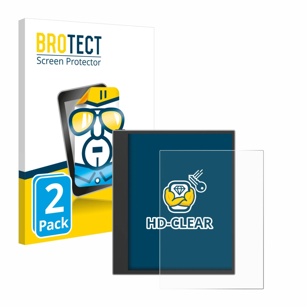 Front side of a product packaging with the brand logo BROTECT. Next to it is the device PocketBook InkPad Eo (2024) shown with