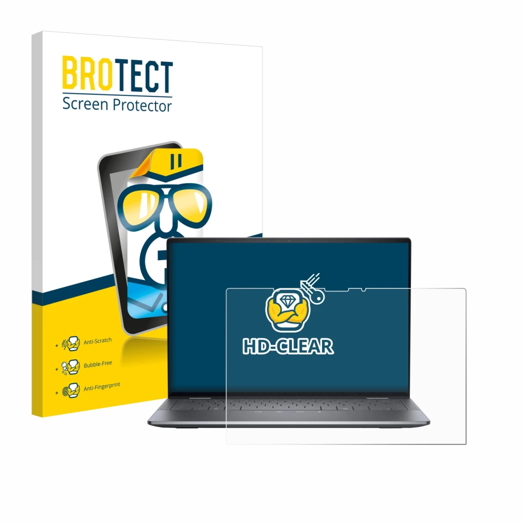 Front side of a product packaging with the brand logo BROTECT. Next to it is the device Dell Latitude 9450 2-in-1 shown with t