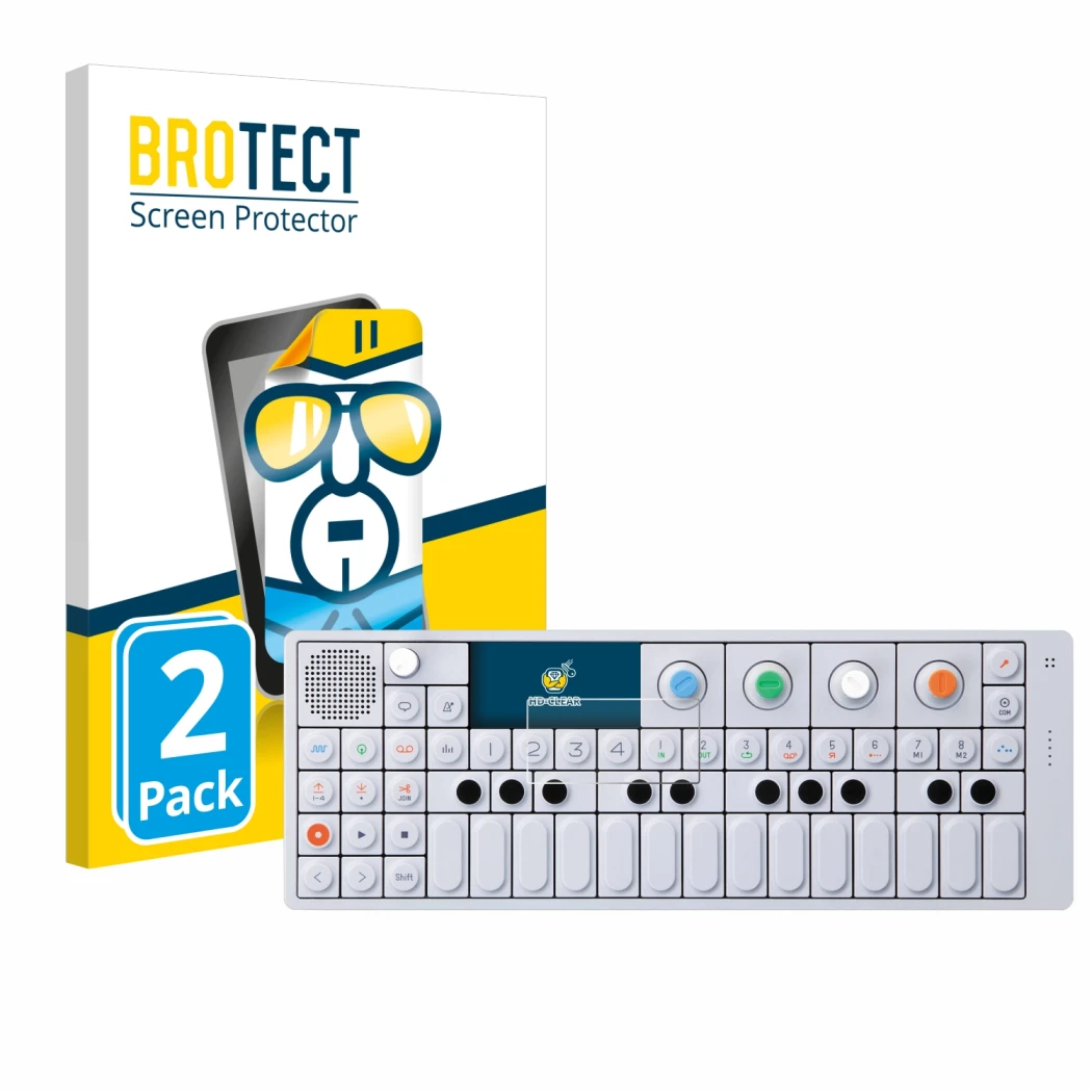 Front side of a product packaging with the brand logo BROTECT. Next to it is the device Teenage Engineering OP-1 Sampler & Con