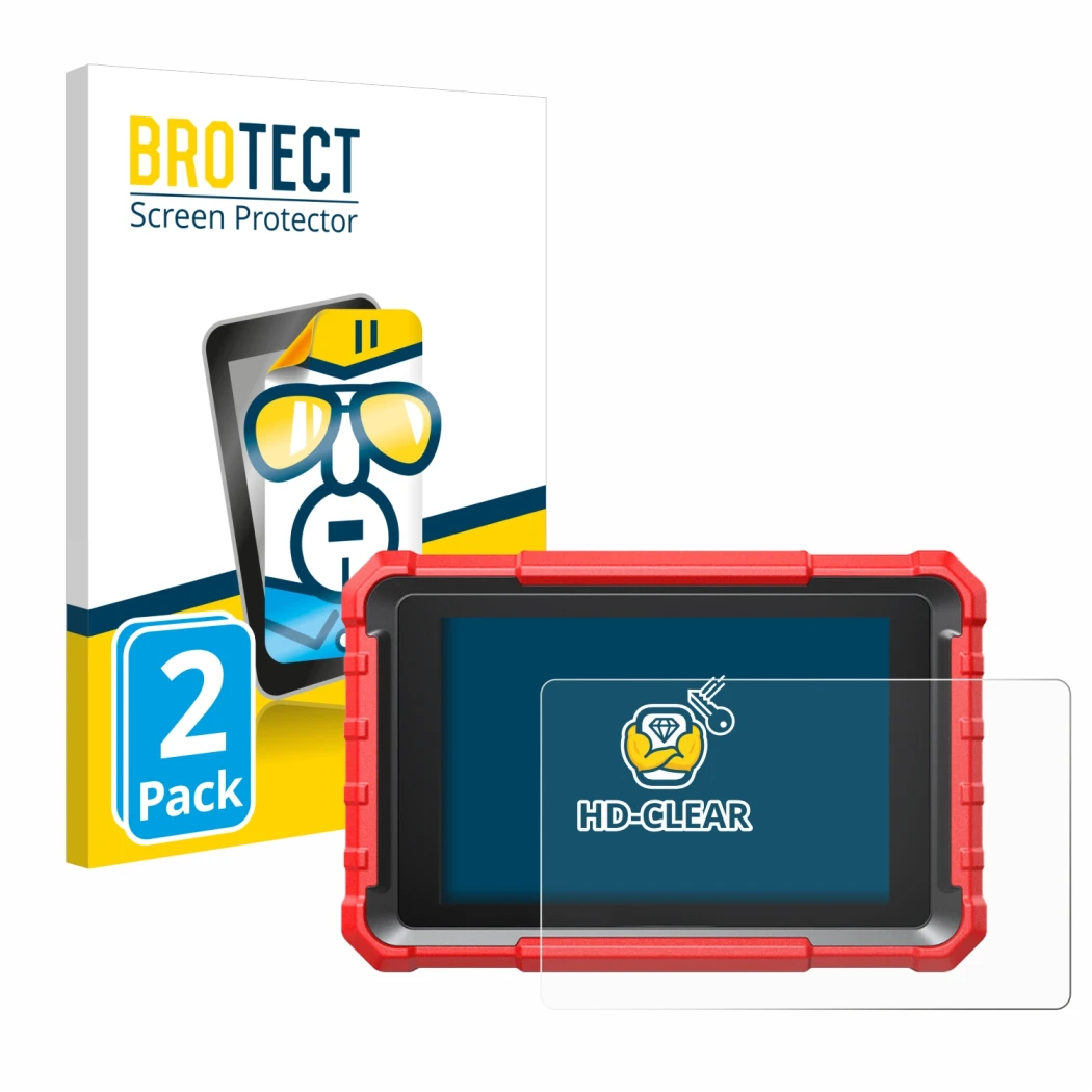 Front side of a product packaging with the brand logo BROTECT. Next to it is the device Launch X-431 PROS Elite shown with the