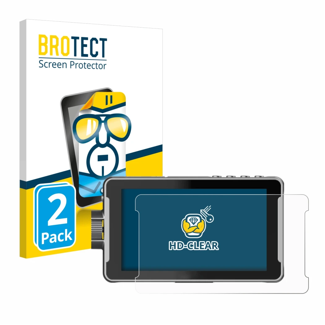 Front side of a product packaging with the brand logo BROTECT. Next to it is the device Viltrox DC-550 Pro shown with the corr