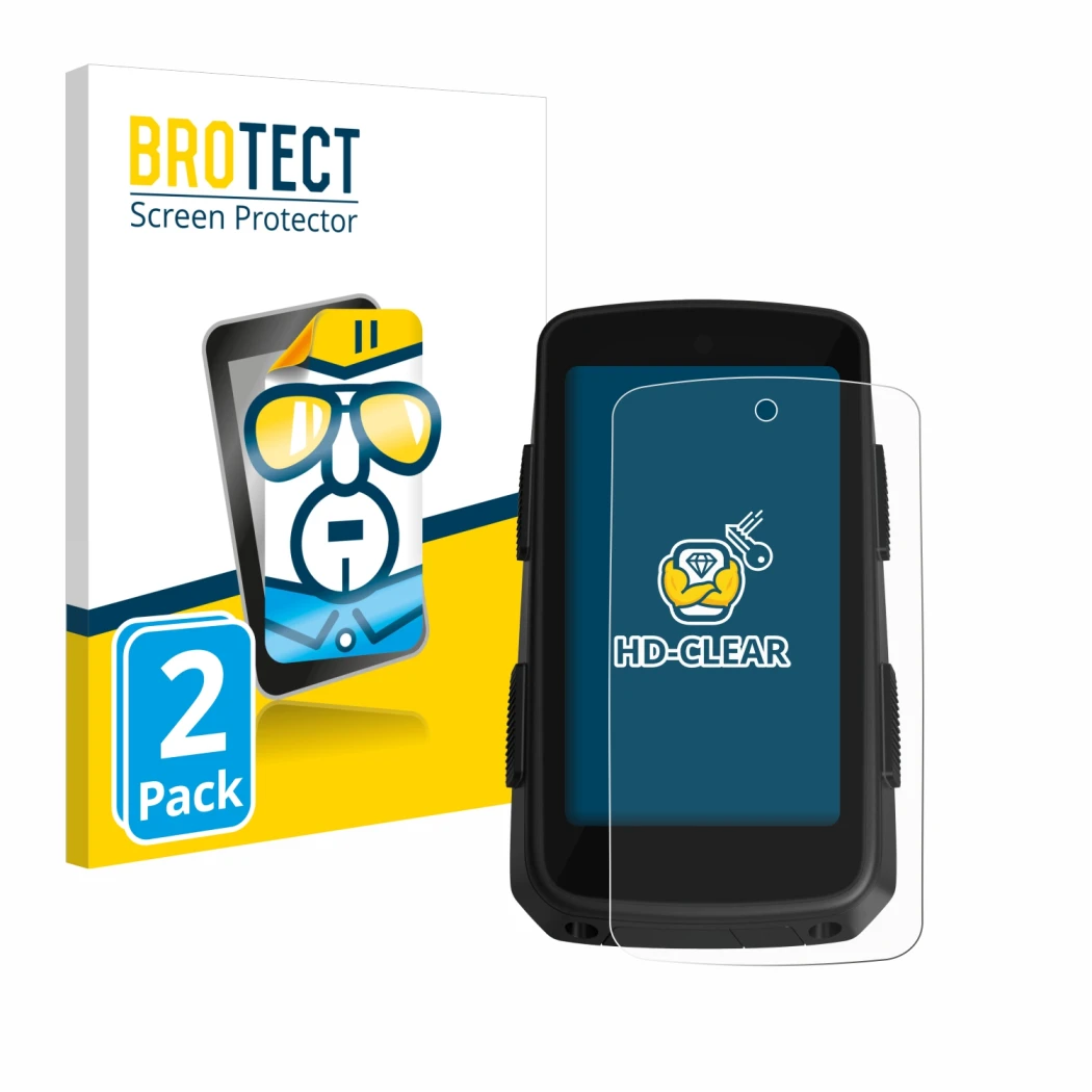 Front side of a product packaging with the brand logo BROTECT. Next to it is the device Hammerhead Karoo 3 shown with the corr