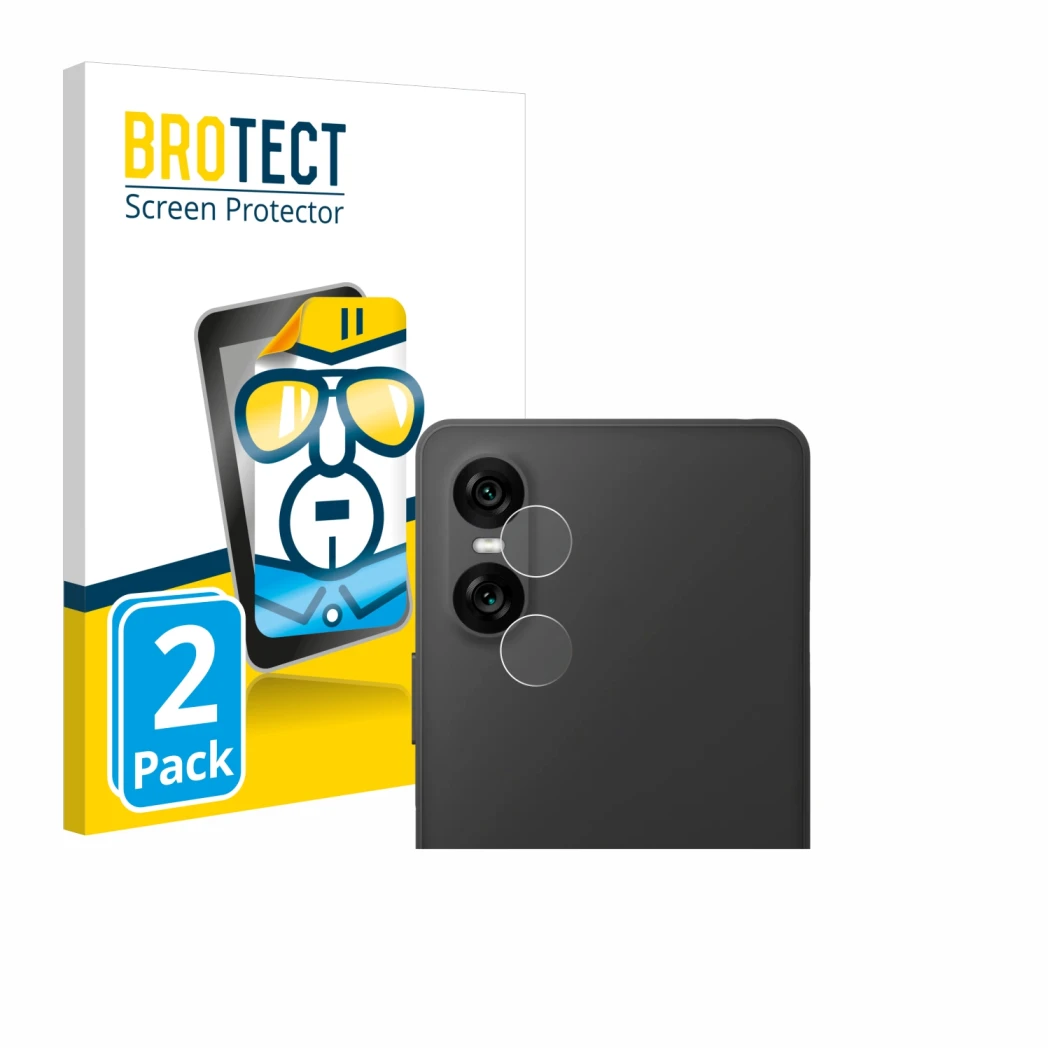 Front side of a product packaging with the brand logo BROTECT. Next to it is the device Sony Xperia 10 VI (ONLY Camera Lens) s