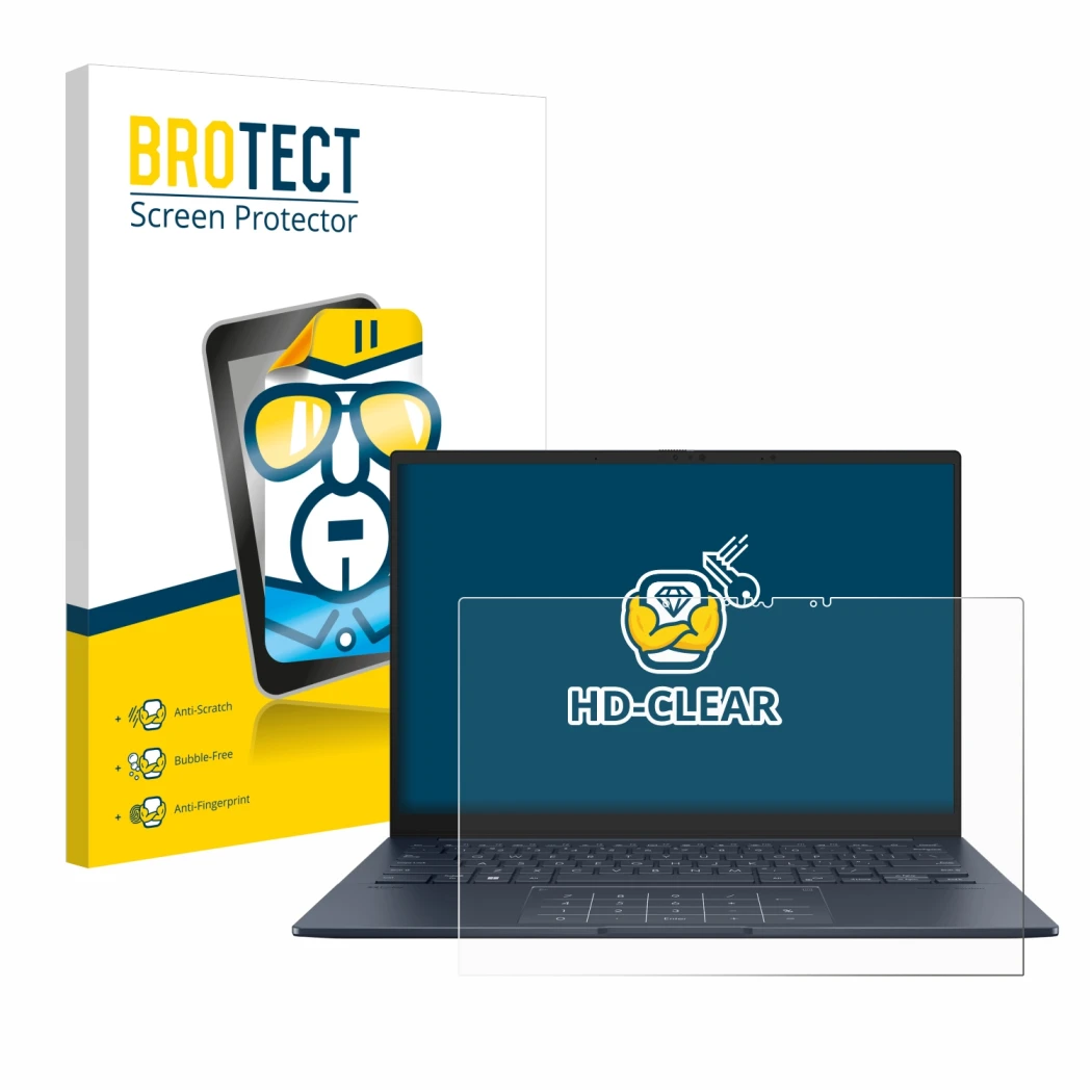 Front side of a product packaging with the brand logo BROTECT. Next to it is the device ASUS ZenBook 14 OLED UX3405 Touch show