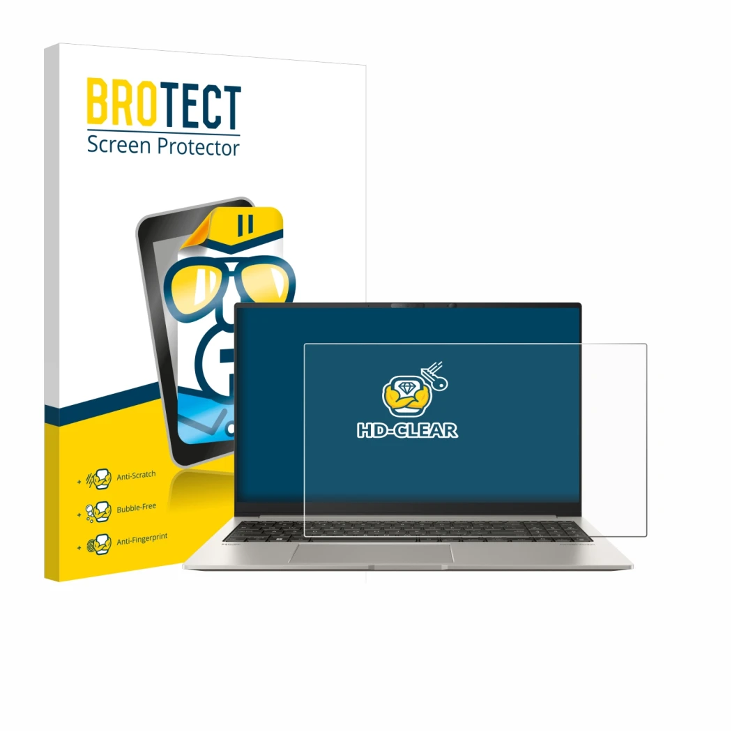 Front side of a product packaging with the brand logo BROTECT. Next to it is the device ASUS ZenBook 15 OLED UM3504 shown with