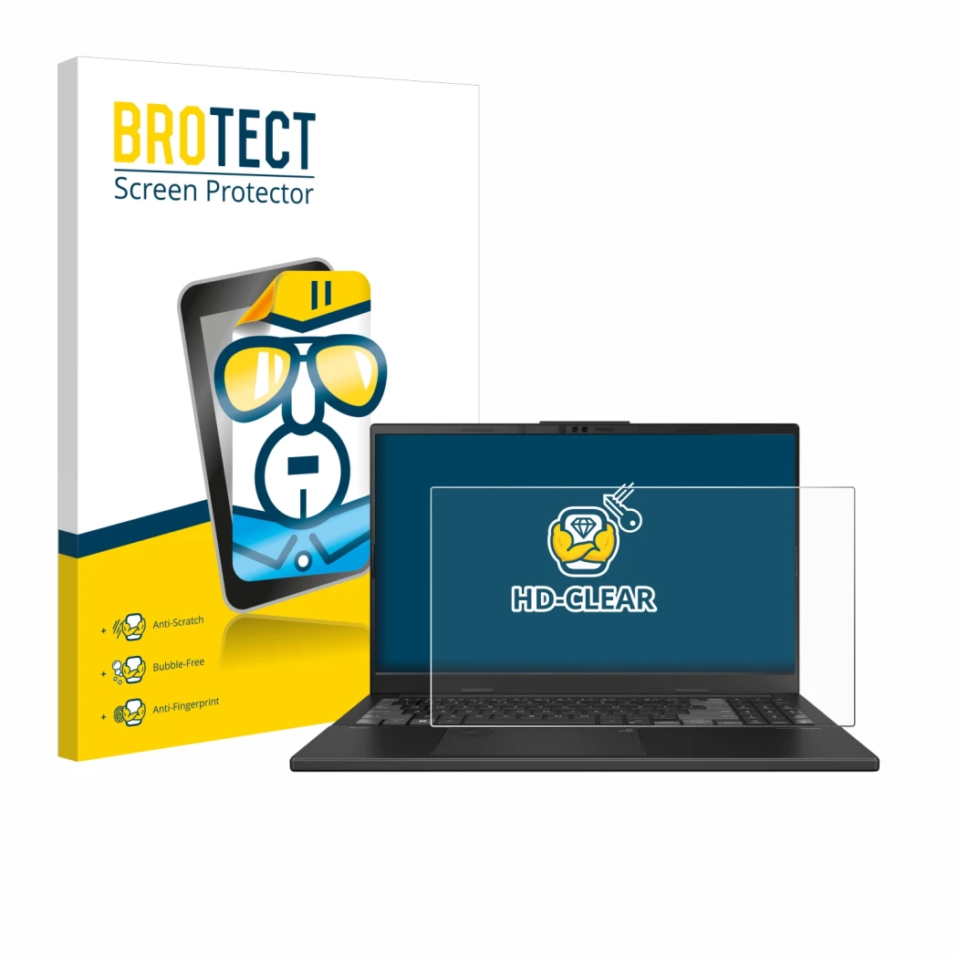 Front side of a product packaging with the brand logo BROTECT. Next to it is the device ASUS VivoBook Pro 15 OLED N6506 shown