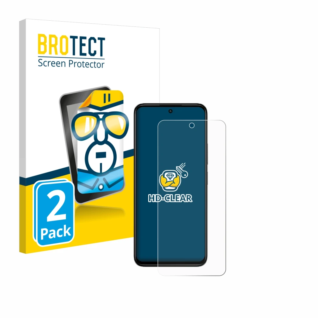 Front side of a product packaging with the brand logo BROTECT. Next to it is the device Xiaomi Redmi 13 shown with the corresp