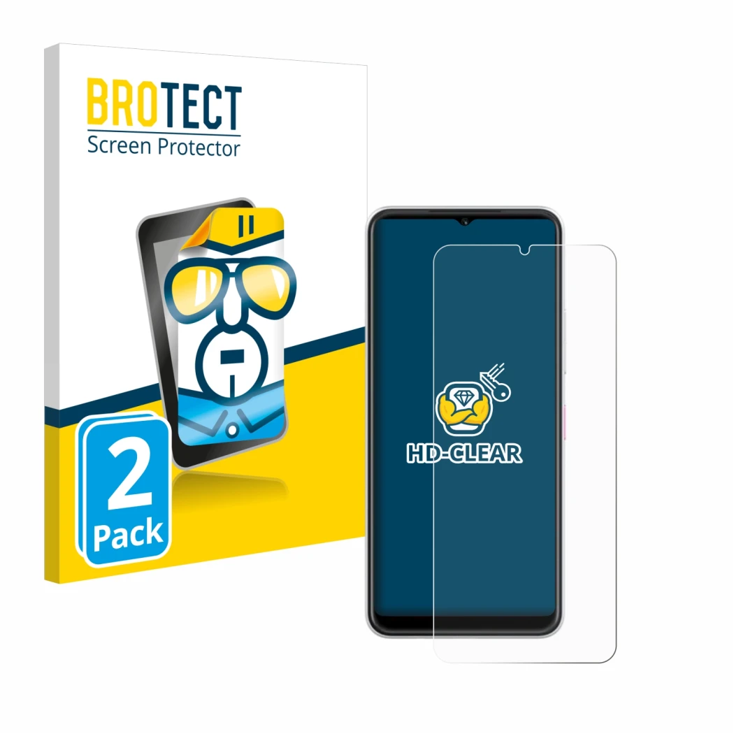 Front side of a product packaging with the brand logo BROTECT. Next to it is the device Telekom T Phone 2 shown with the corre