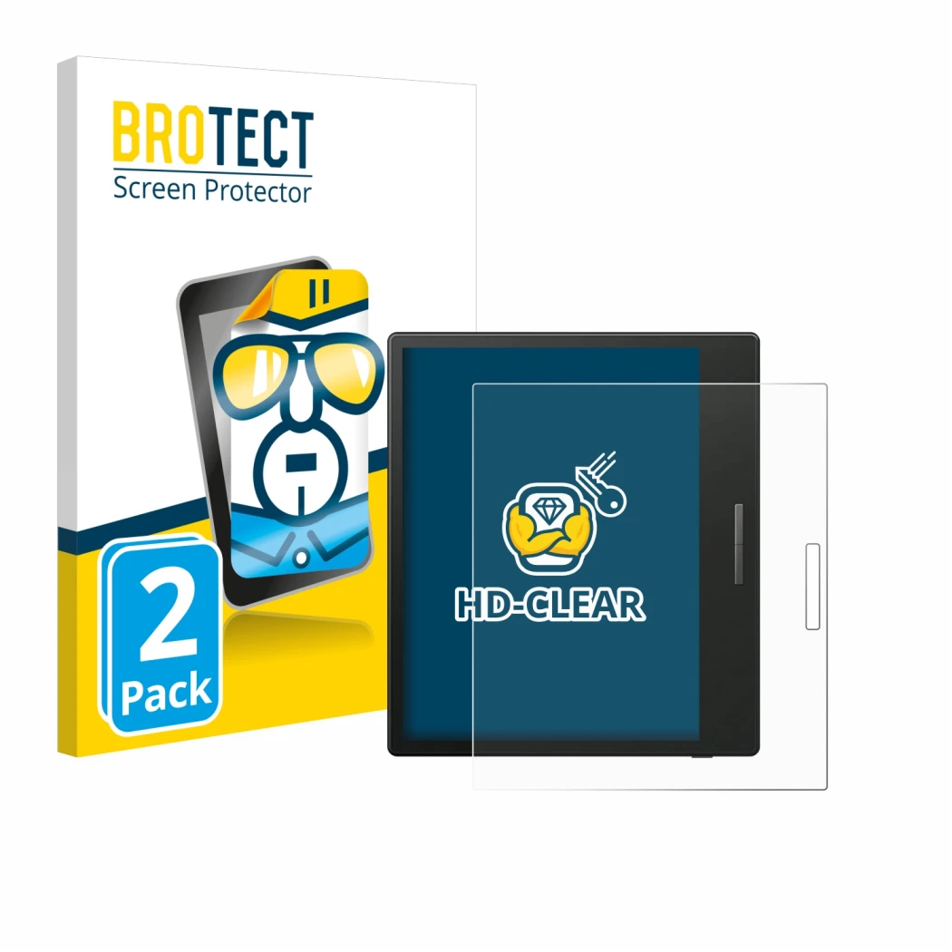 Front side of a product packaging with the brand logo BROTECT. Next to it is the device Boox Go Color 7 shown with the corresp