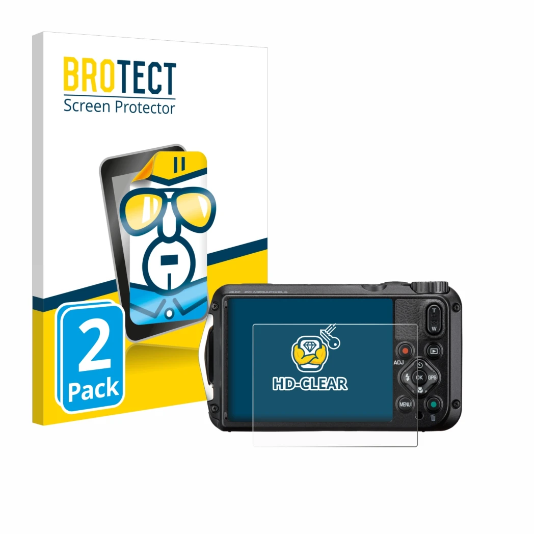 Front side of a product packaging with the brand logo BROTECT. Next to it is the device Ricoh Pentax WG-8 shown with the corre