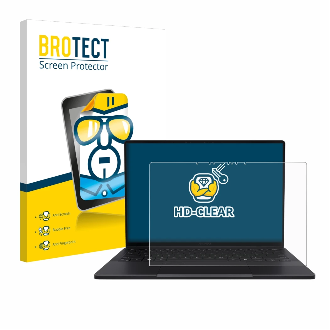 Front side of a product packaging with the brand logo BROTECT. Next to it is the device ASUS ProArt PX13 shown with the corres