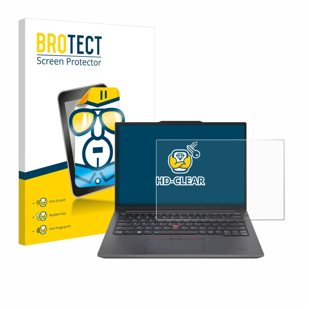 Front side of a product packaging with the brand logo BROTECT. Next to it is the device Lenovo ThinkPad E14 Gen 6 shown with t