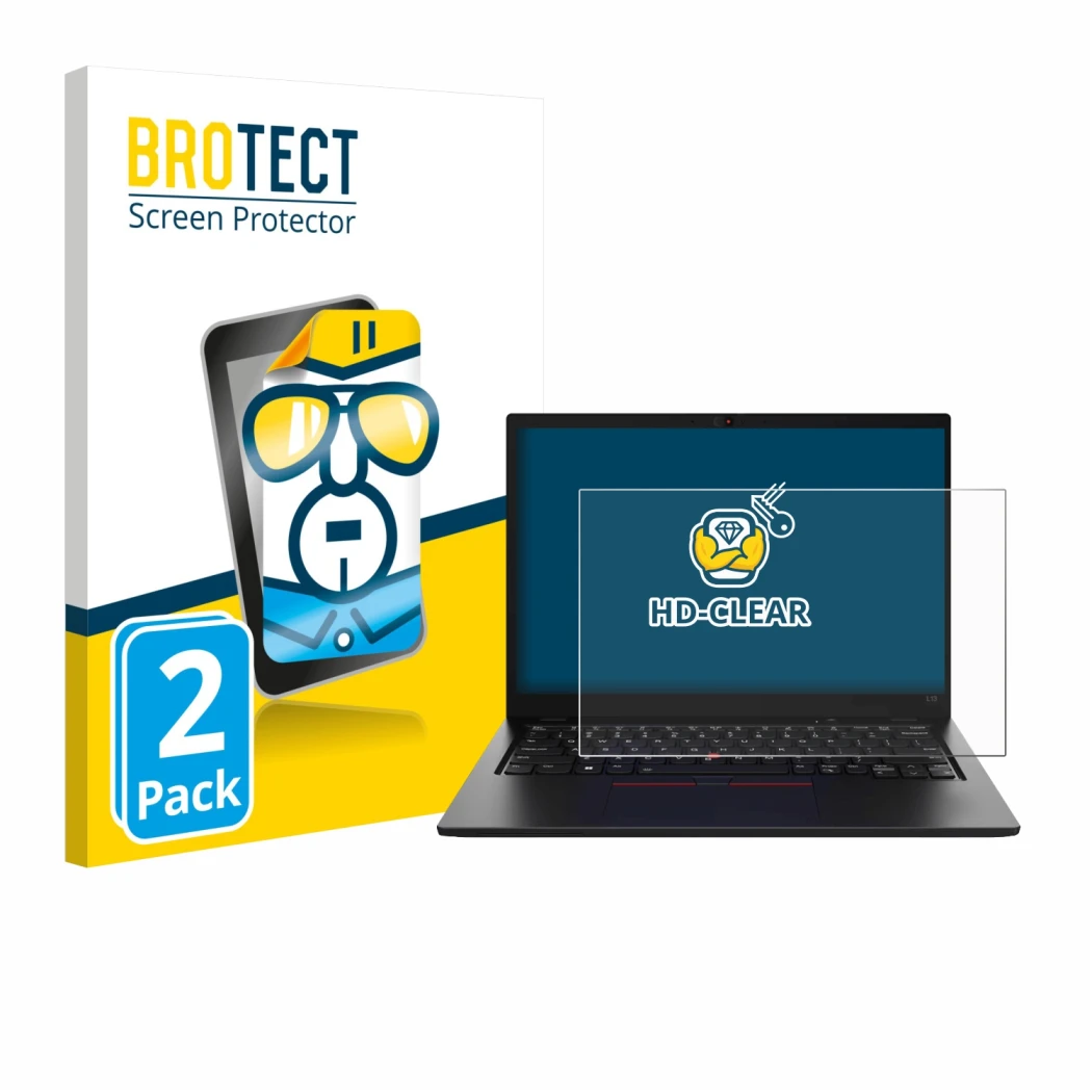 Front side of a product packaging with the brand logo BROTECT. Next to it is the device Lenovo ThinkPad L13 Gen 5 shown with t