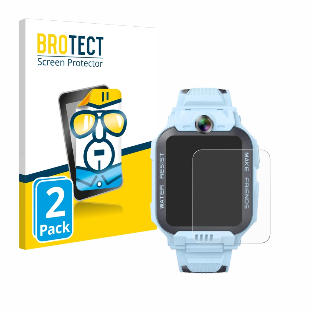 Front side of a product packaging with the brand logo BROTECT. Next to it is the device Imoo Watch Phone Z7 shown with the cor
