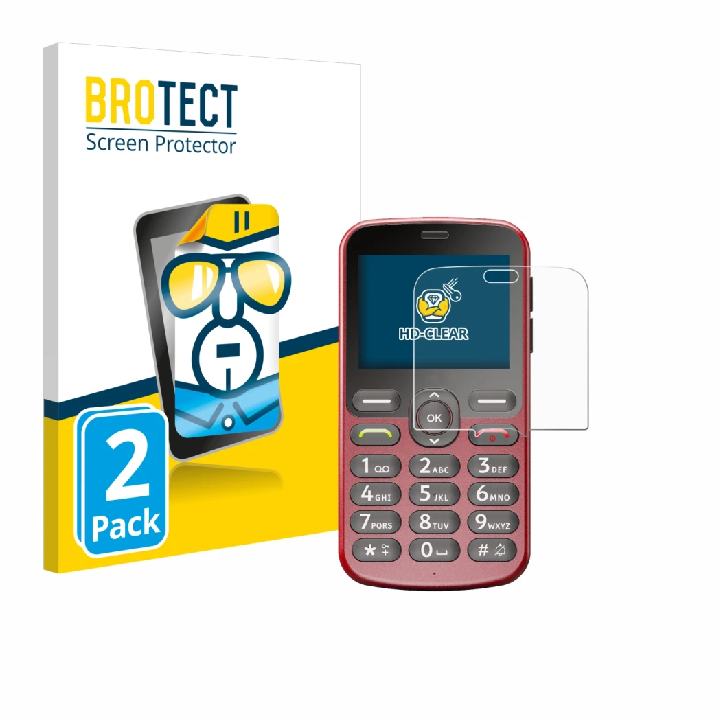 Front side of a product packaging with the brand logo BROTECT. Next to it is the device Doro 1880 shown with the corresponding