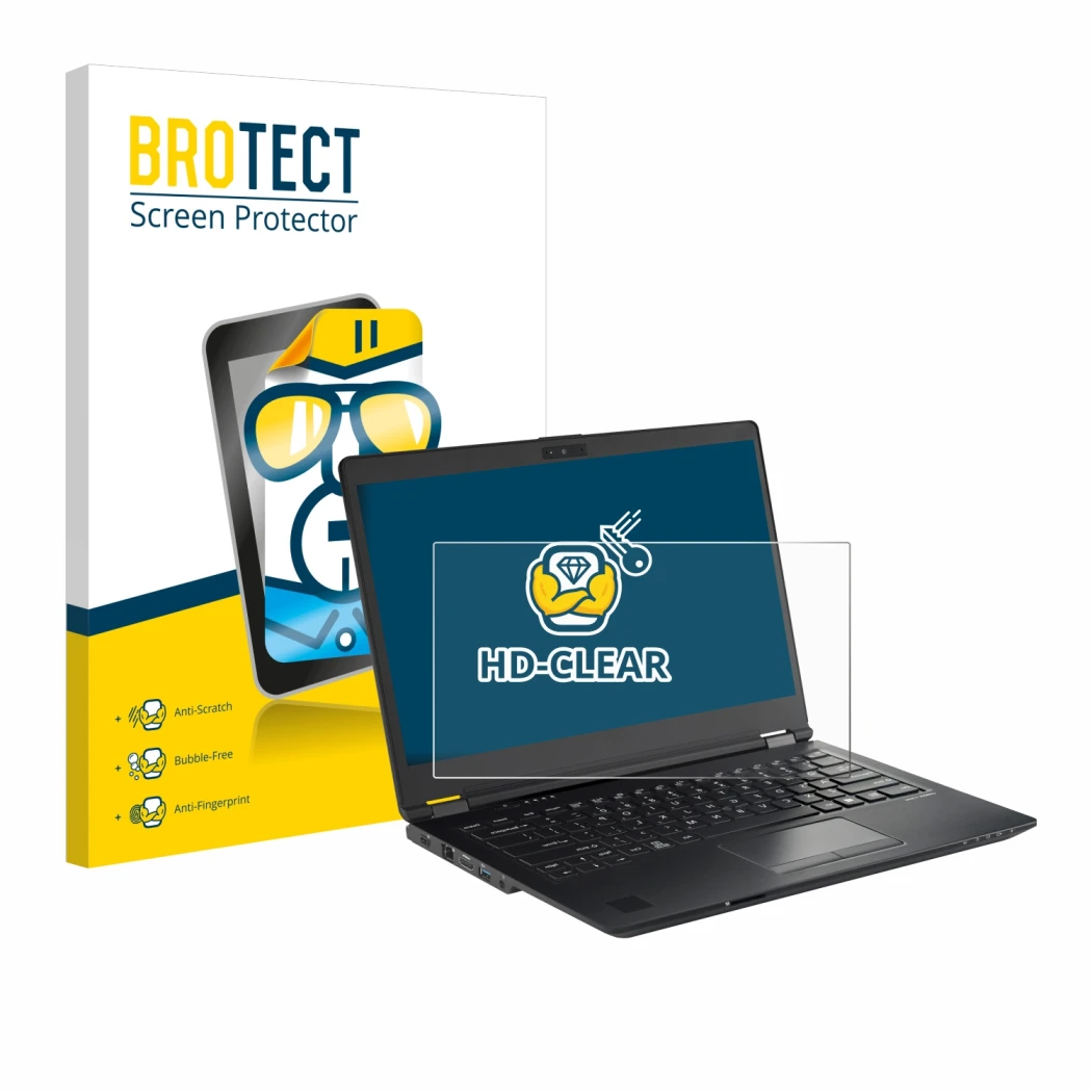 Front side of a product packaging with the brand logo BROTECT. Next to it is the device Fujitsu Lifebook U7410 shown with the 