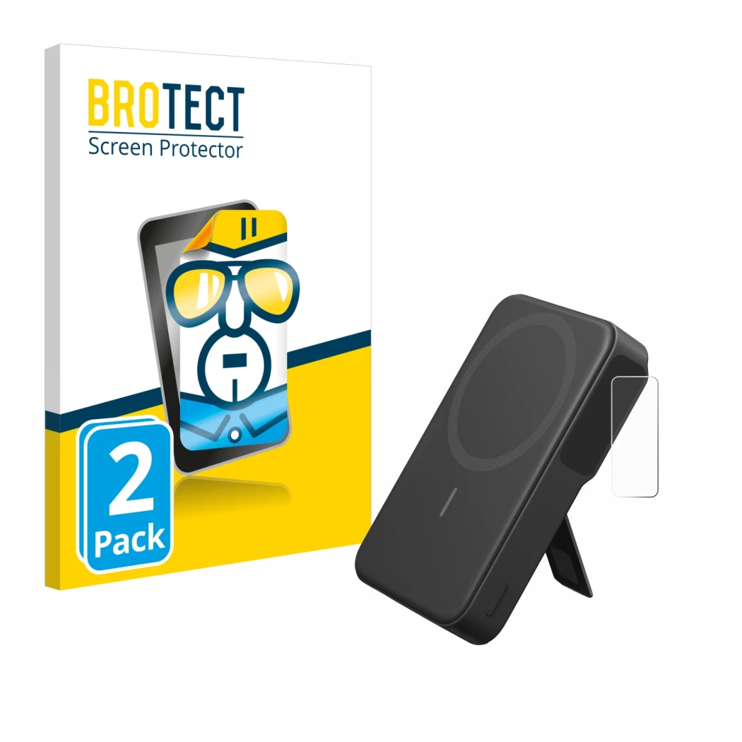 Front side of a product packaging with the brand logo BROTECT. Next to it is the device Anker MagGo shown with the correspondi