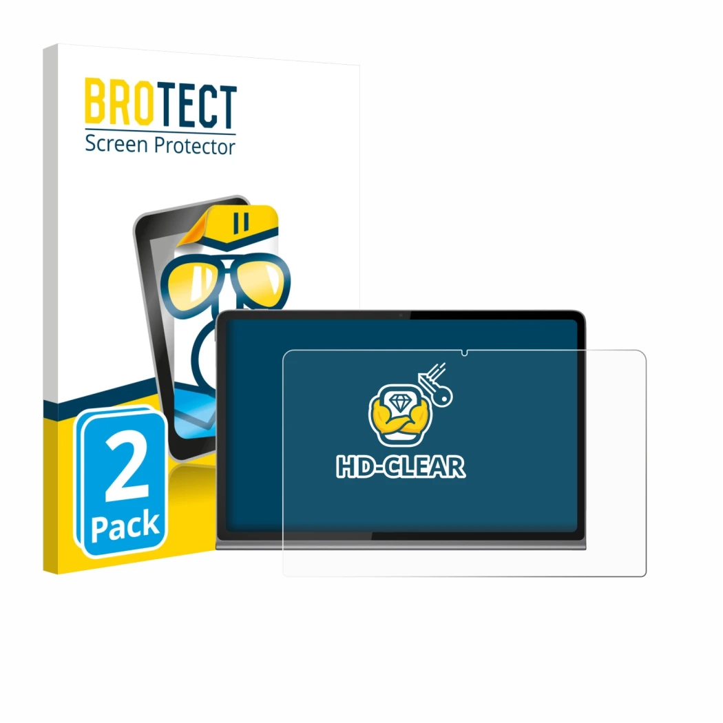 Front side of a product packaging with the brand logo BROTECT. Next to it is the device Lenovo Tab Plus 11.5
